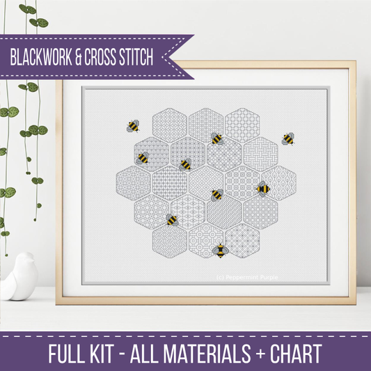 The Worker Bees Kit Blackwork Kit by Peppermint Purple