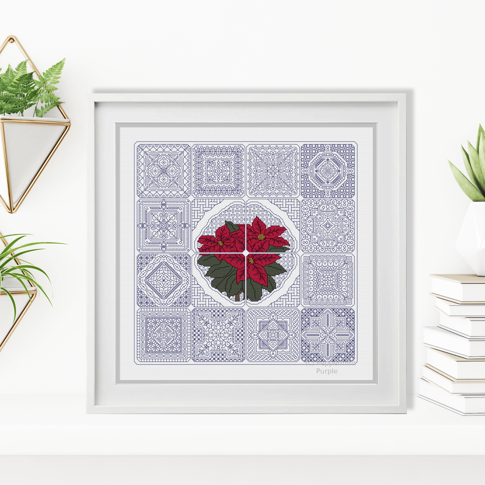 Dutch Tiles - Poinsettia Blackwork Pattern by Peppermint Purple