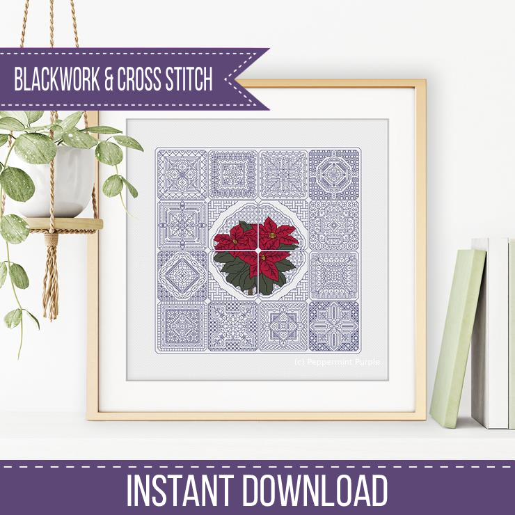 Dutch Tiles - Poinsettia Blackwork Pattern by Peppermint Purple