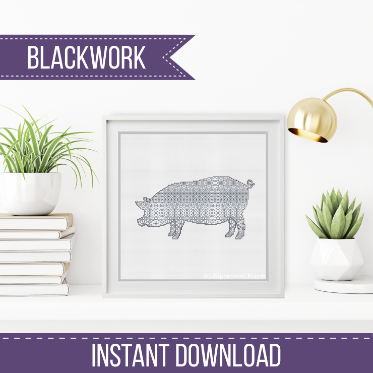 Pig Blackwork Blackwork Pattern by Peppermint Purple