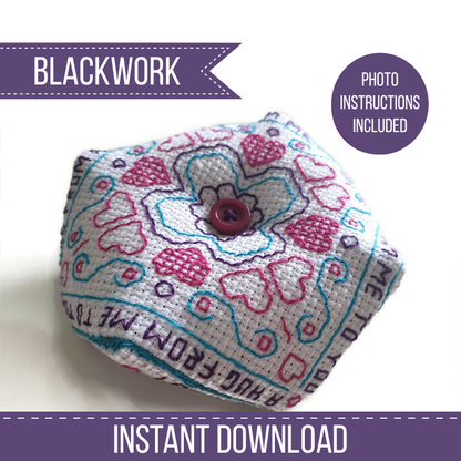 Pocket Hug Biscornu Blackwork Pattern by Peppermint Purple