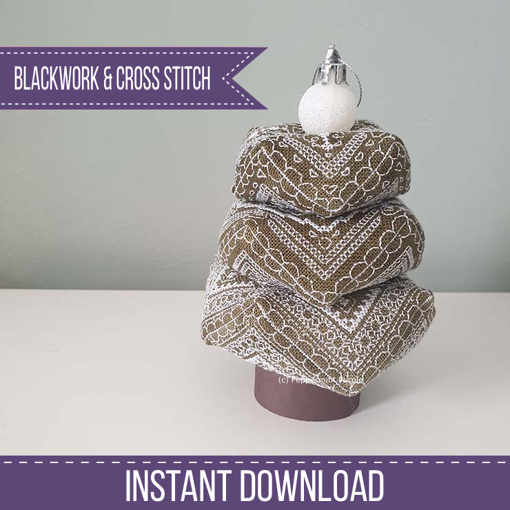 Stackable Tree Biscornu Set Blackwork Pattern by Peppermint Purple