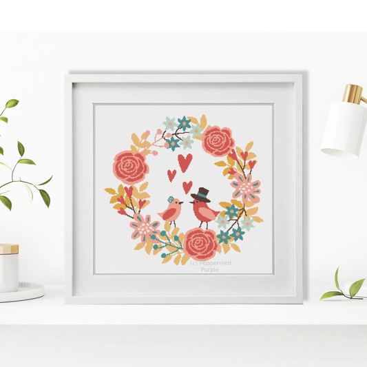 Love Birds Wreath Pattern Cross Stitch Pattern by Peppermint Purple