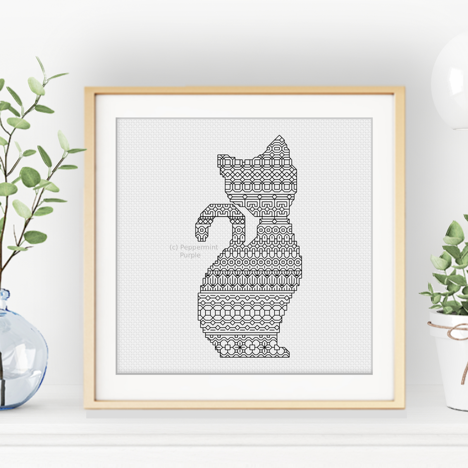 Cat Silhouette Blackwork Pattern by Peppermint Purple