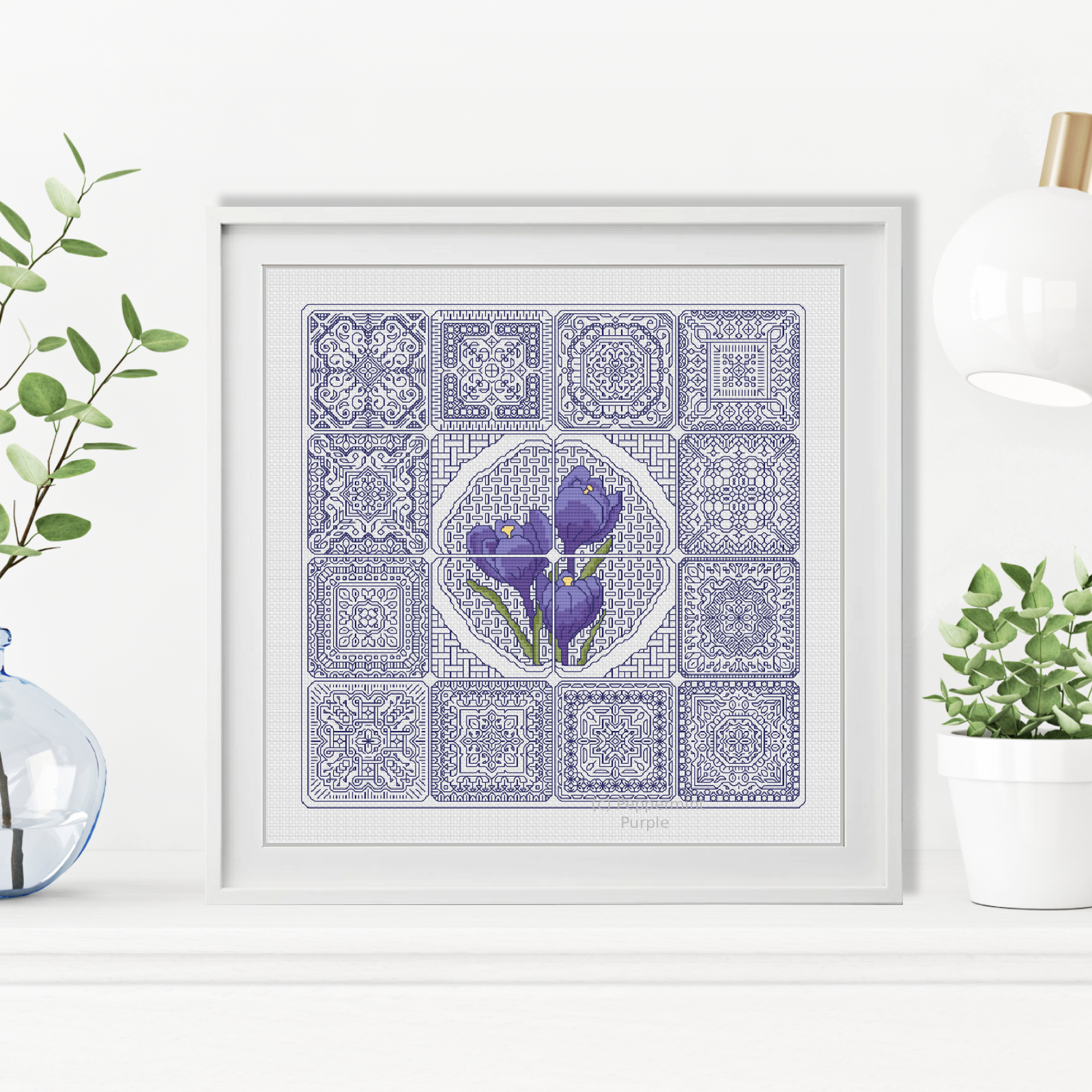 Dutch Tiles - Crocus Blackwork Pattern by Peppermint Purple