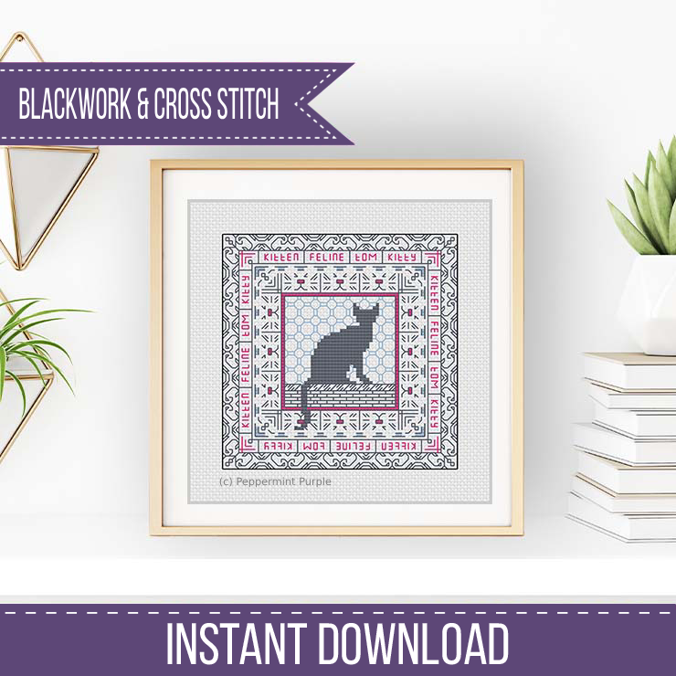 Mini Hints of Cats Blackwork Pattern by Peppermint Purple