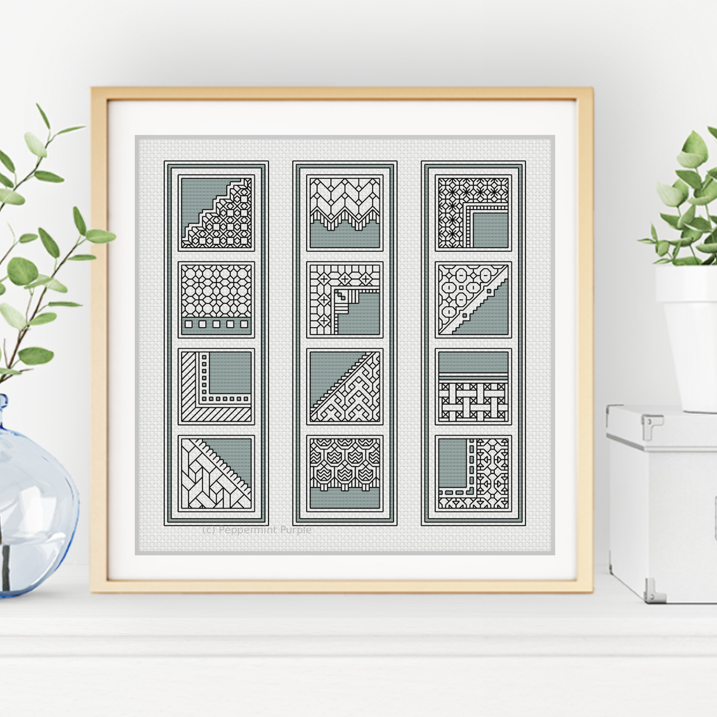 Grey Green Bookmarks Blackwork Pattern by Peppermint Purple