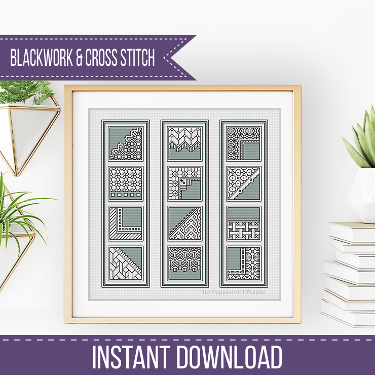 Grey Green Bookmarks Blackwork Pattern by Peppermint Purple