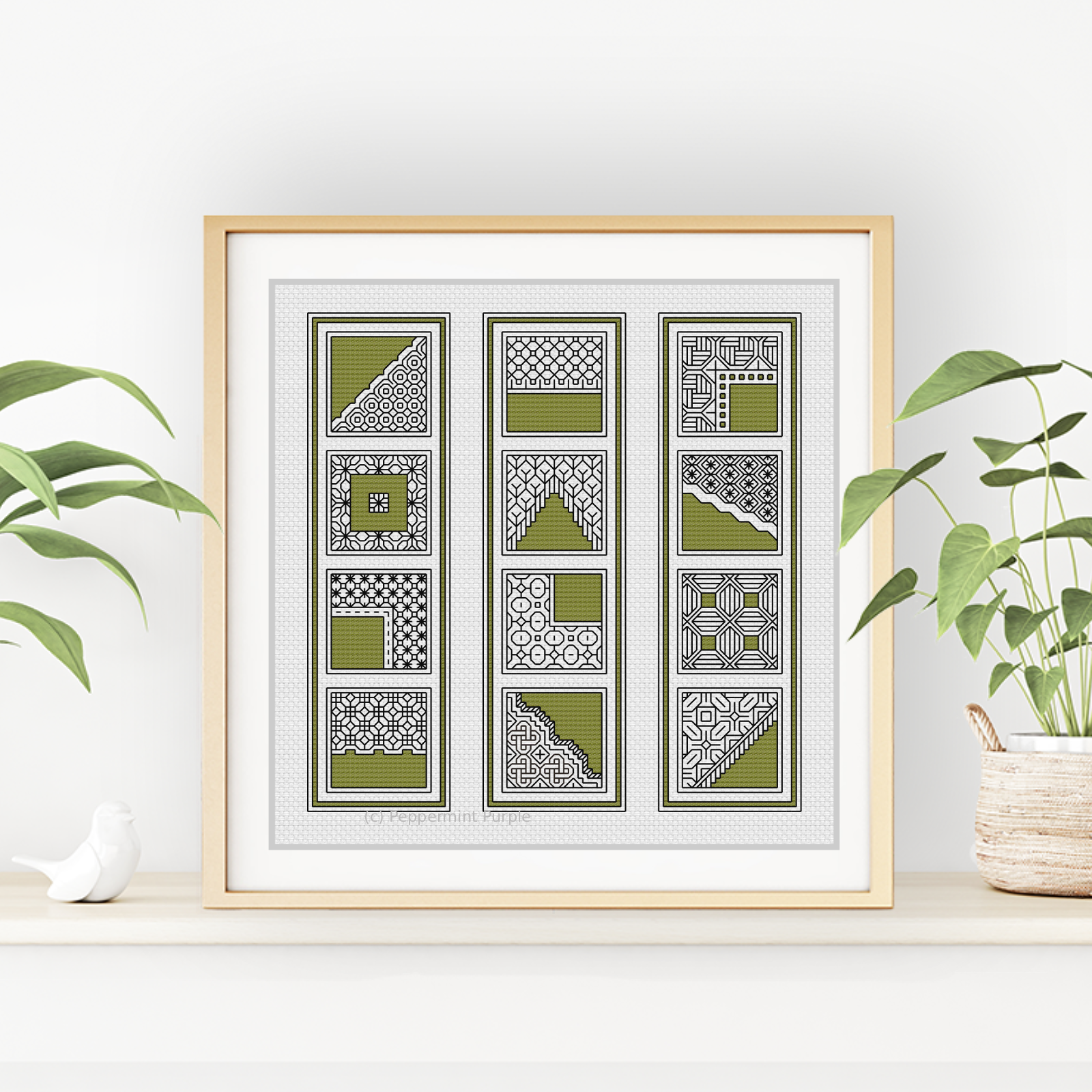 Moss Green Bookmarks Blackwork Pattern by Peppermint Purple