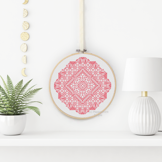 Mandala in Christmas Red Blackwork Pattern by Peppermint Purple
