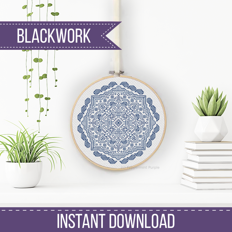 Mandala in Navy Blackwork Pattern by Peppermint Purple