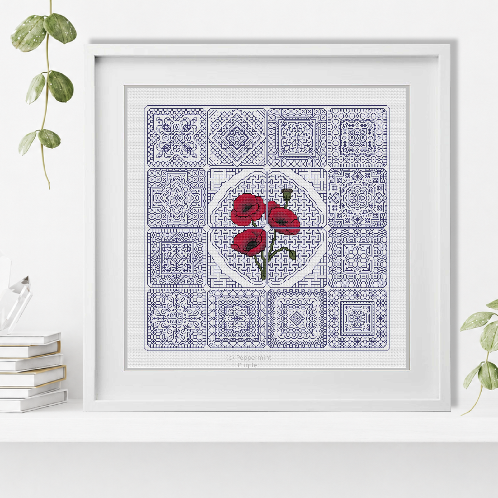 Dutch Tiles - Poppies Blackwork Pattern by Peppermint Purple