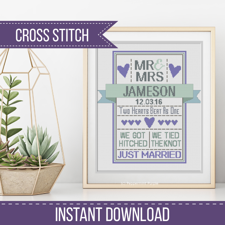 Mr & Mrs Wedding Cross Stitch Pattern by Peppermint Purple