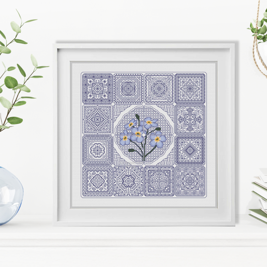 Dutch Tiles - Forget Me Not Blackwork Pattern by Peppermint Purple