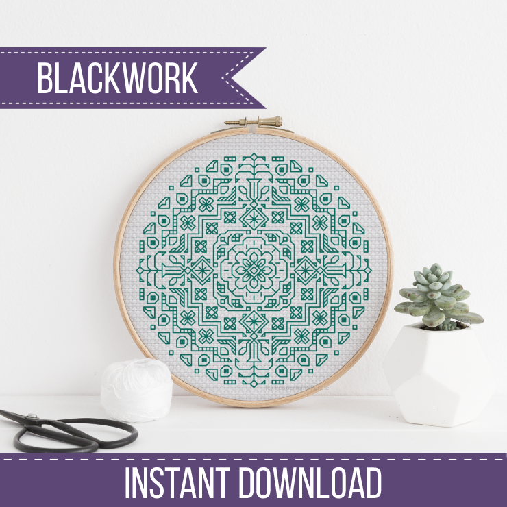 Mandala in Aquamarine Blackwork Pattern by Peppermint Purple