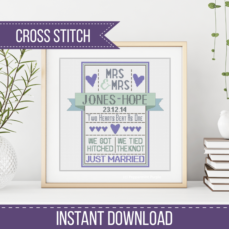 Mrs & Mrs Wedding Cross Stitch Pattern by Peppermint Purple