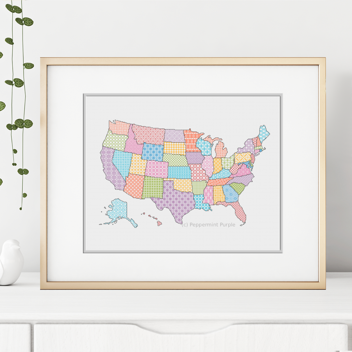 USA Blackwork Map Blackwork Pattern by Peppermint Purple