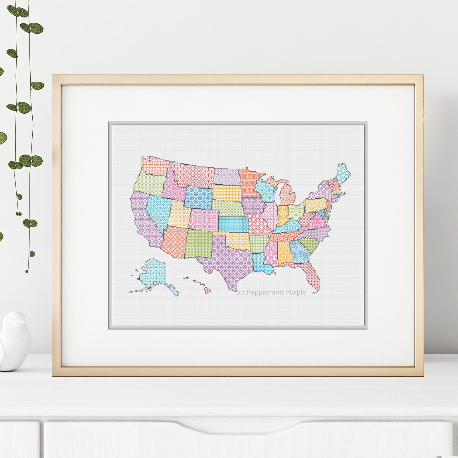 USA Blackwork Map Blackwork Pattern by Peppermint Purple