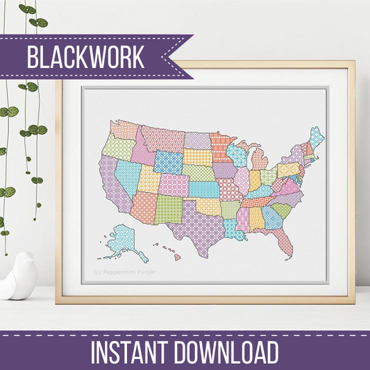 USA Blackwork Map Blackwork Pattern by Peppermint Purple