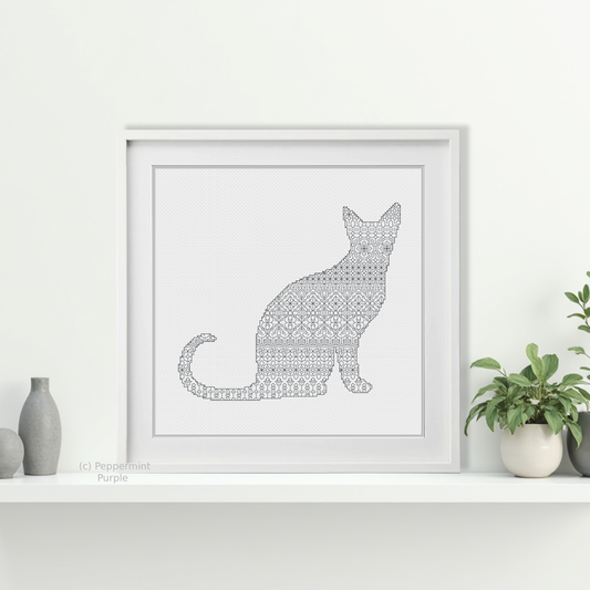 Blackwork Cat Blackwork Pattern by Peppermint Purple