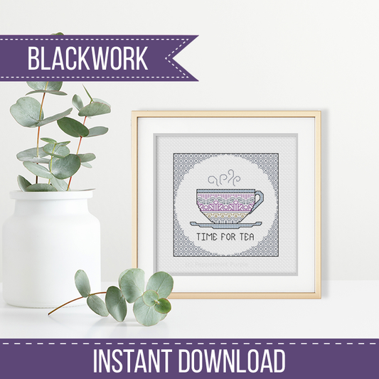 Centre Stage - Time For Tea Blackwork Pattern by Peppermint Purple