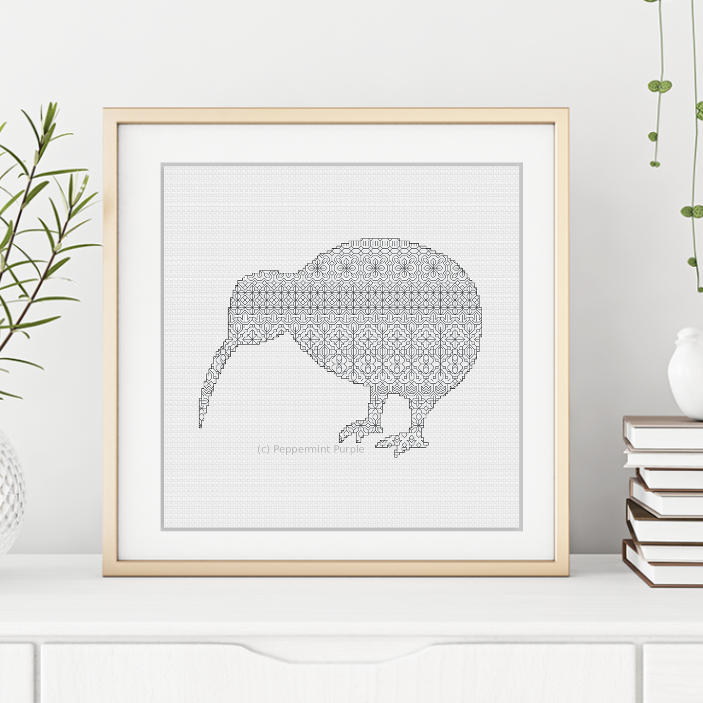 Blackwork Kiwi Bird Blackwork Pattern by Peppermint Purple