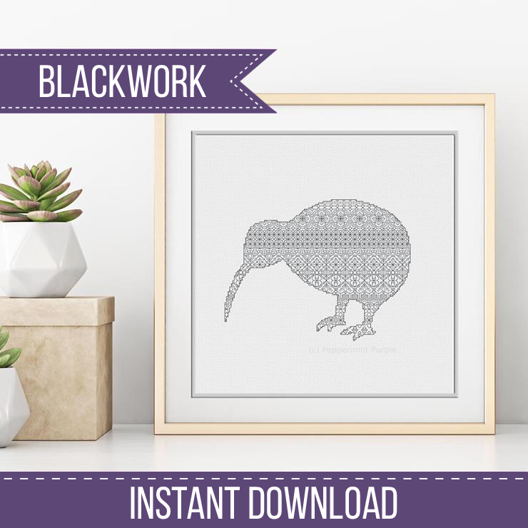 Blackwork Kiwi Bird Blackwork Pattern by Peppermint Purple