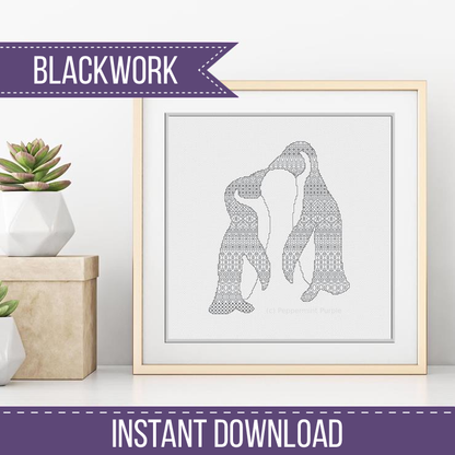 Kissing Penguins Blackwork Pattern by Peppermint Purple