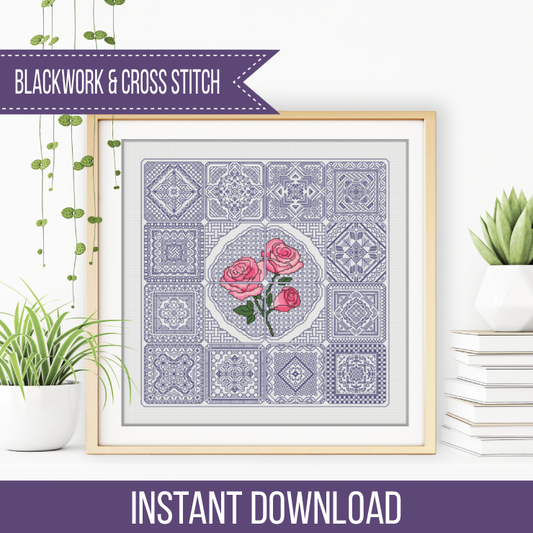 Dutch Tiles - Rose Blackwork Pattern by Peppermint Purple