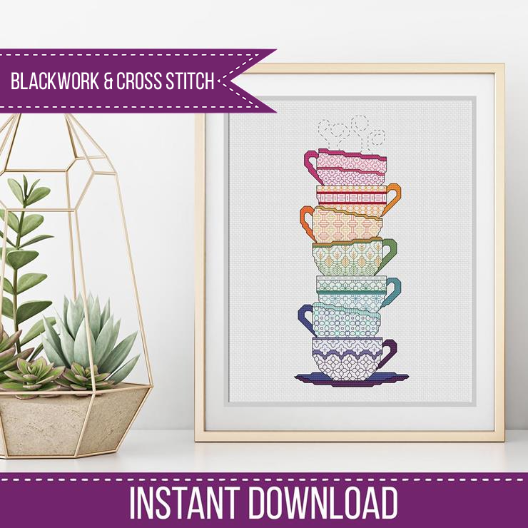 Blackwork Teacups Pattern - Blackwork Patterns & Cross Stitch by Peppermint Purple
