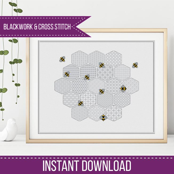 Blackwork Worker Bees - Blackwork Patterns & Cross Stitch by Peppermint Purple