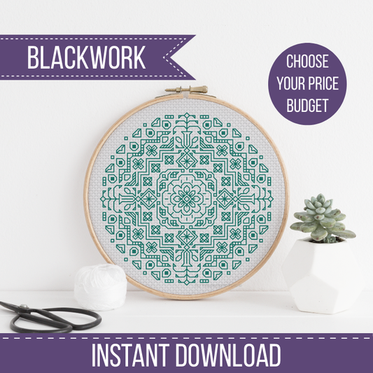 Mandala in Aquamarine Blackwork Pattern by Peppermint Purple
