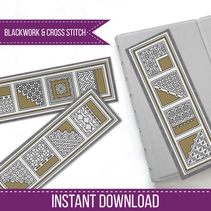 Mustard Bookmarks - Blackwork Patterns & Cross Stitch by Peppermint Purple