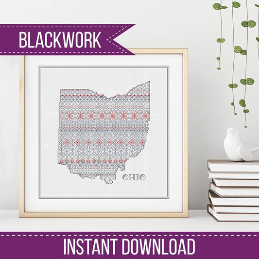 Ohio - red Grey Blackwork - Blackwork Patterns & Cross Stitch by Peppermint Purple