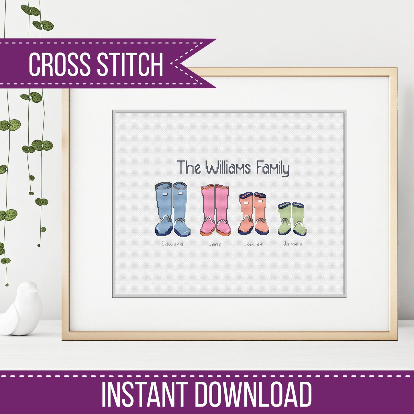 Personalised Welly Family DIY - Blackwork Patterns & Cross Stitch by Peppermint Purple