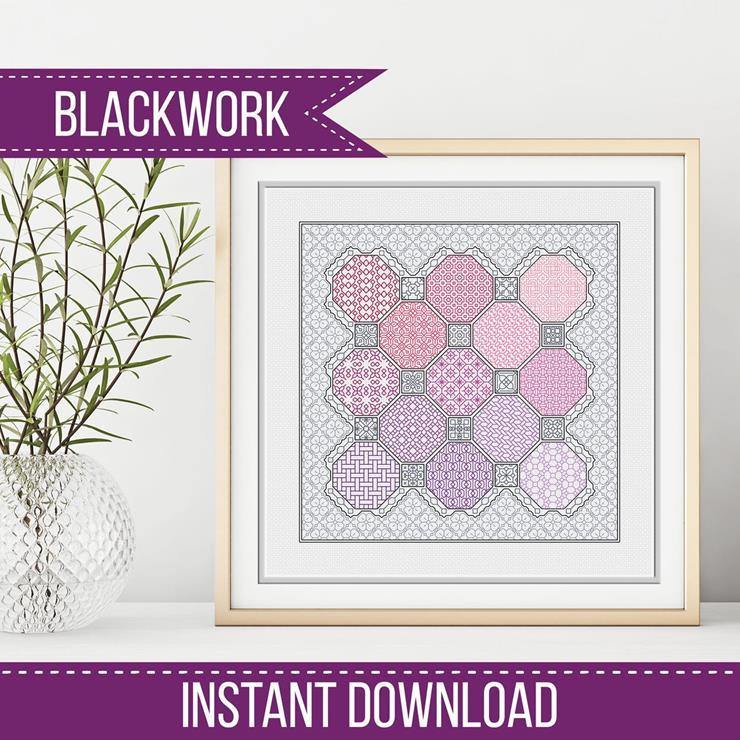 Pink and Grey Blackwork Pattern - Blackwork Patterns & Cross Stitch by Peppermint Purple
