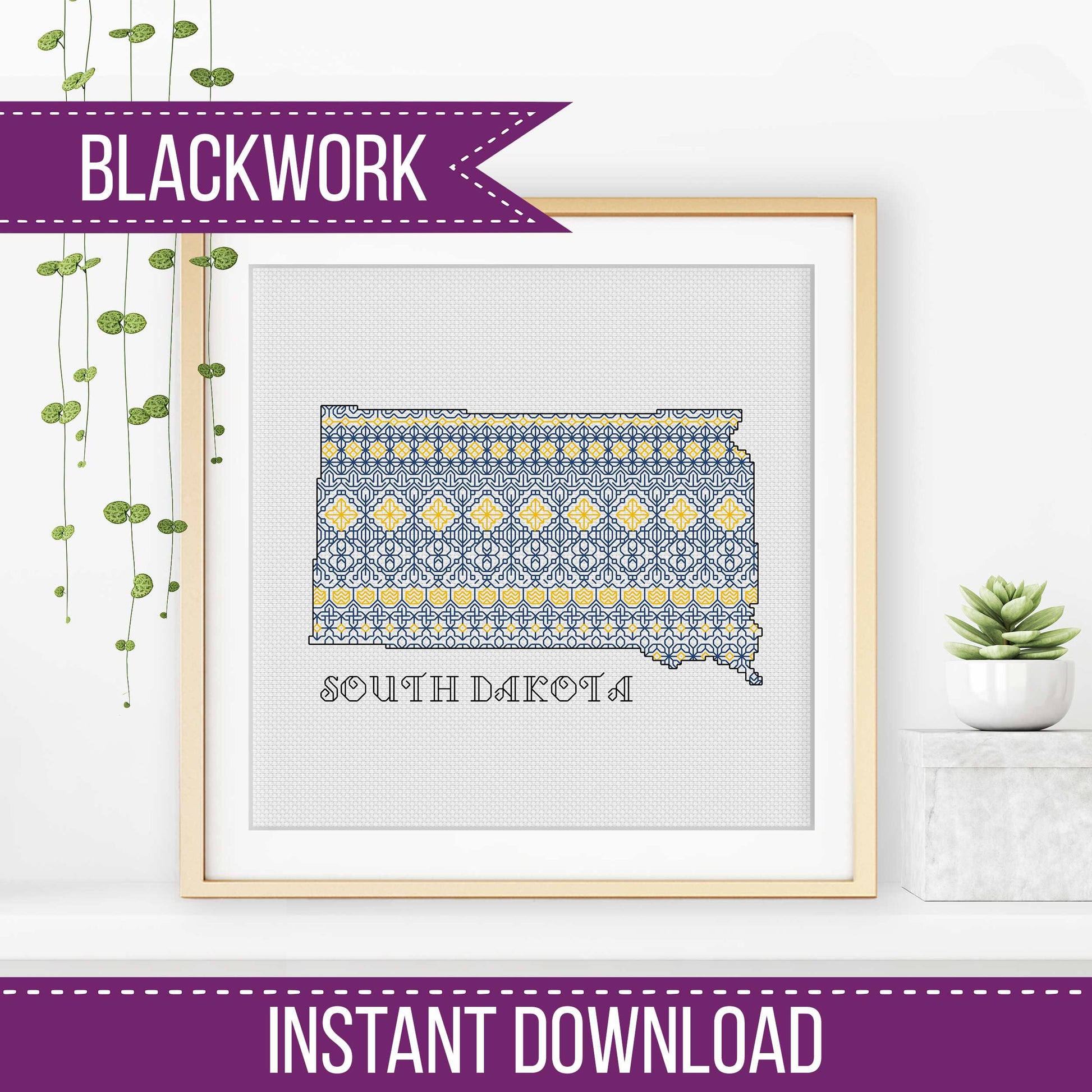 South Dakota Blackwork - Yellow & Blue - Blackwork Patterns & Cross Stitch by Peppermint Purple