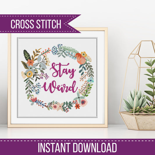 Stay Weird Floral Wreath - Blackwork Patterns & Cross Stitch by Peppermint Purple