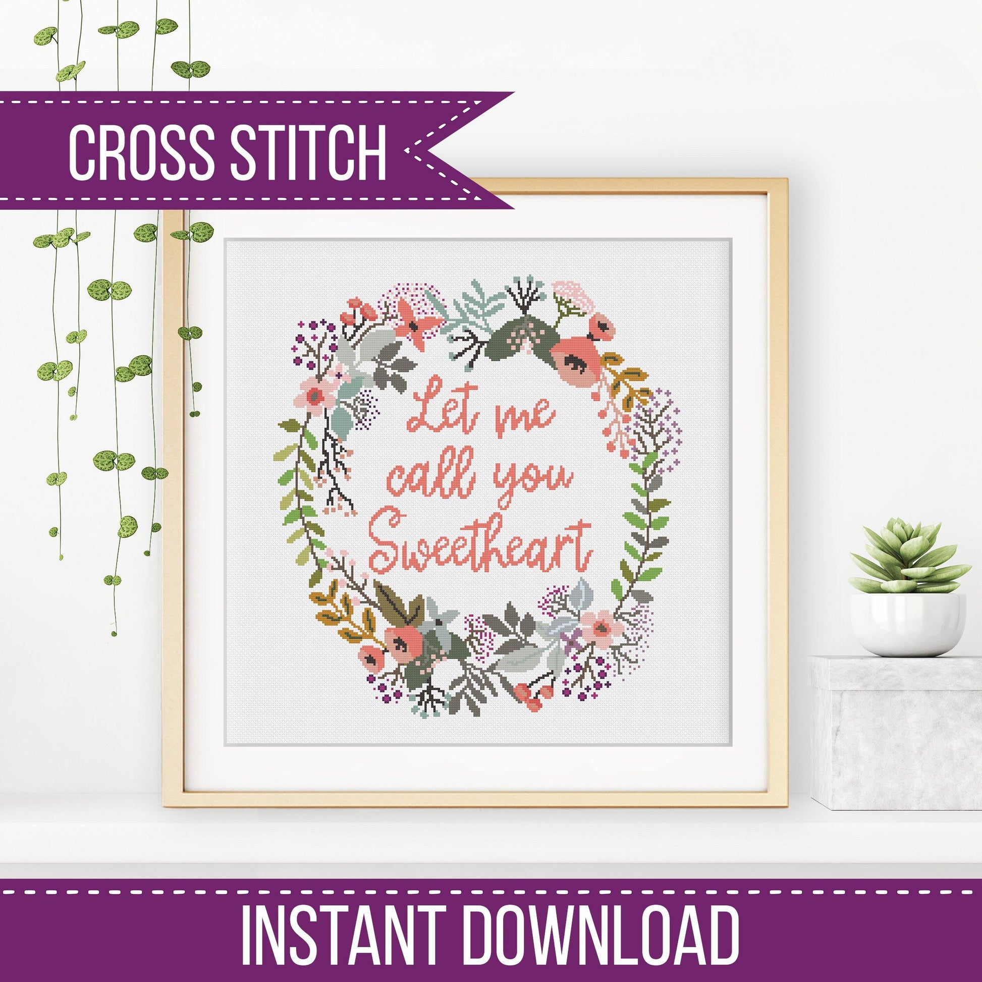 Sweetheart Cross Stitch Wreath - Blackwork Patterns & Cross Stitch by Peppermint Purple