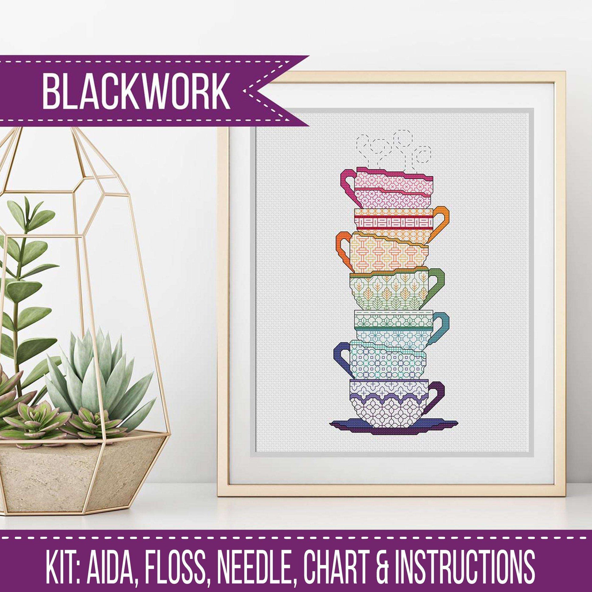 Teacups Blackwork Kit - Blackwork Patterns & Cross Stitch by Peppermint Purple