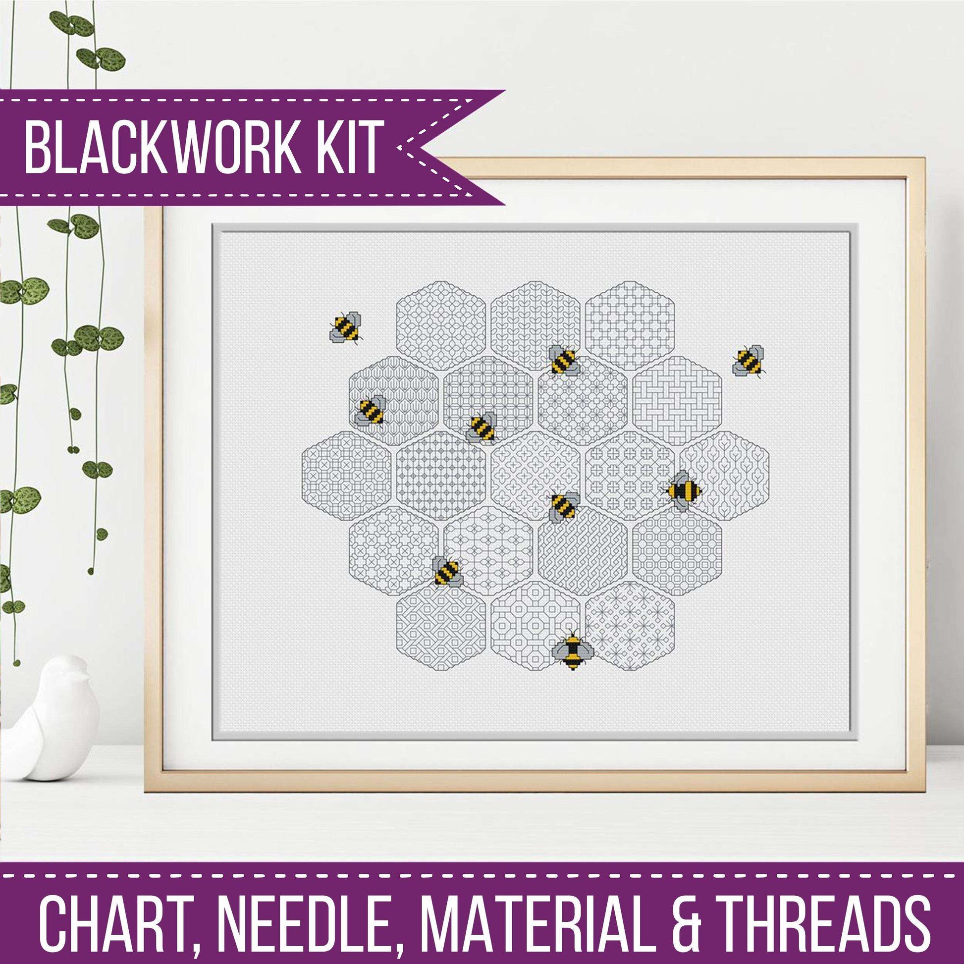The Worker Bees Kit - Blackwork Patterns & Cross Stitch by Peppermint Purple