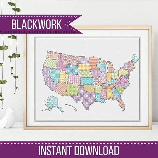 USA Blackwork Map - Blackwork Patterns & Cross Stitch by Peppermint Purple