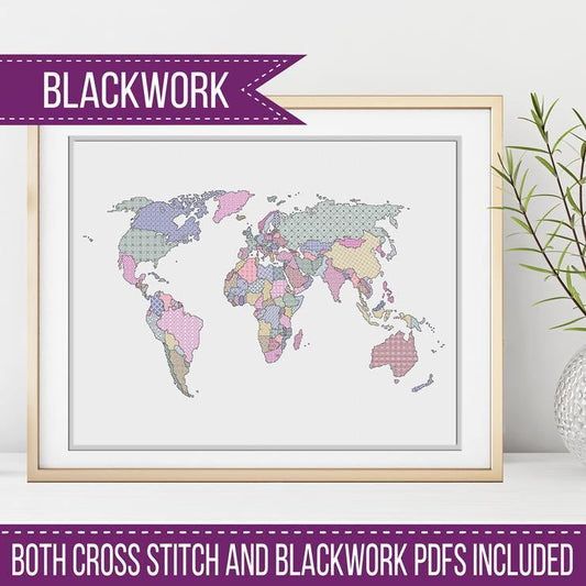 World Map - both Blackwork & Cross Stitch Versions - Blackwork Patterns & Cross Stitch by Peppermint Purple