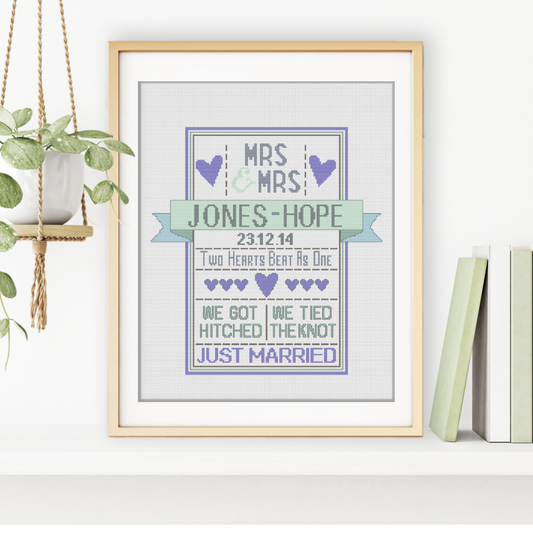 Mrs & Mrs Wedding Cross Stitch Pattern by Peppermint Purple
