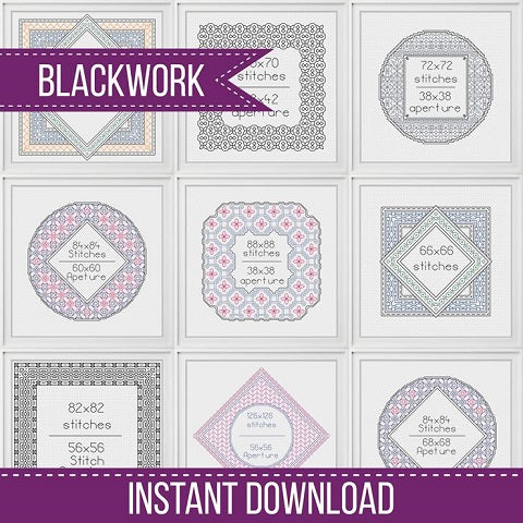 10 Frame Set & 4 Backstitch Fonts - Blackwork Patterns & Cross Stitch by Peppermint Purple