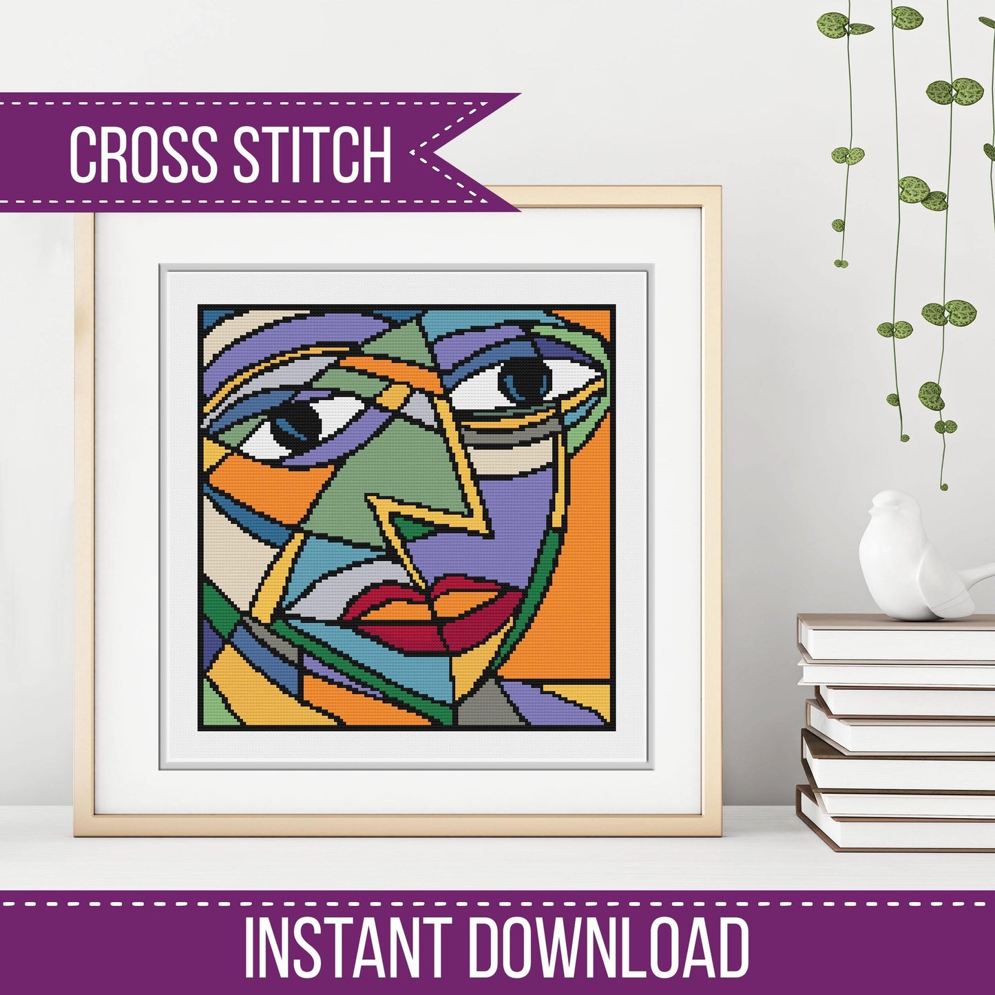 Abstract Cubism Face - Blackwork Patterns & Cross Stitch by Peppermint Purple