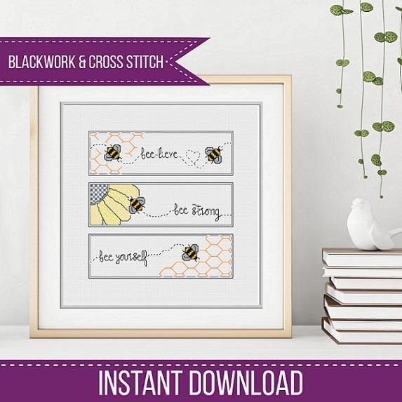 Bee Blackwork Bookmarks Triptique - Blackwork Patterns & Cross Stitch by Peppermint Purple