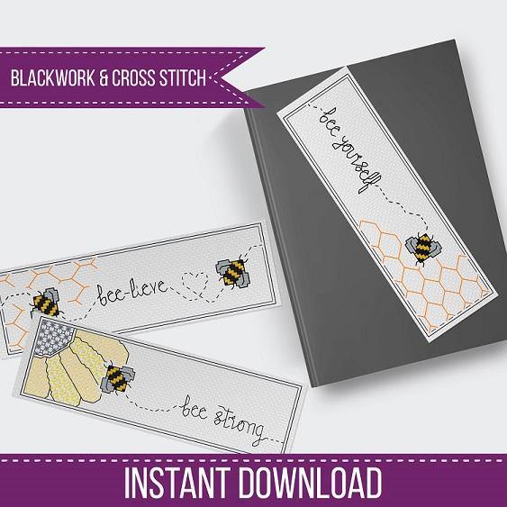 Bee Blackwork Bookmarks Triptique - Blackwork Patterns & Cross Stitch by Peppermint Purple