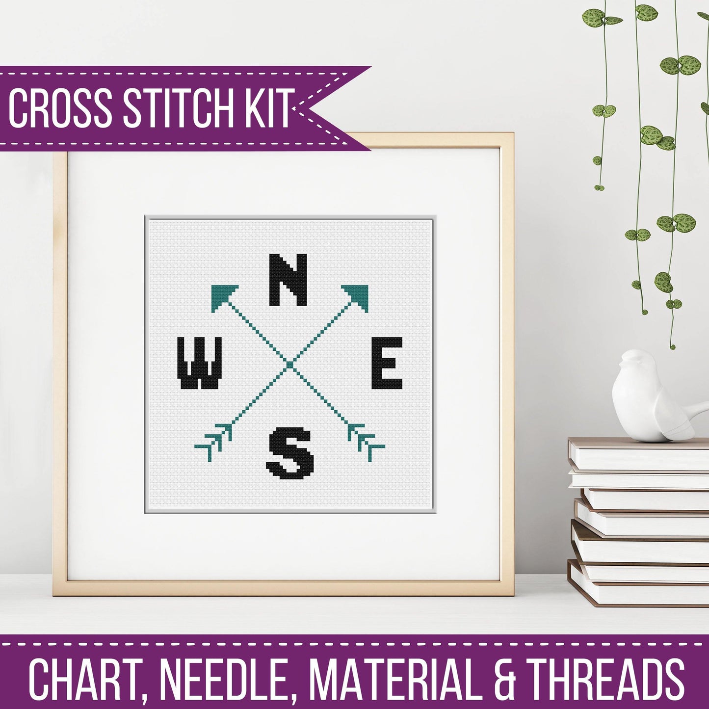 Compass Cross Stitch Kit - Blackwork Patterns & Cross Stitch by Peppermint Purple