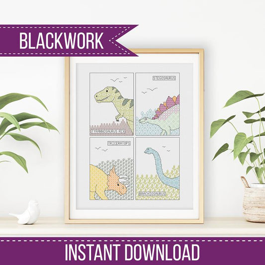 Dinosaur Blackwork Pattern - Blackwork Patterns & Cross Stitch by Peppermint Purple